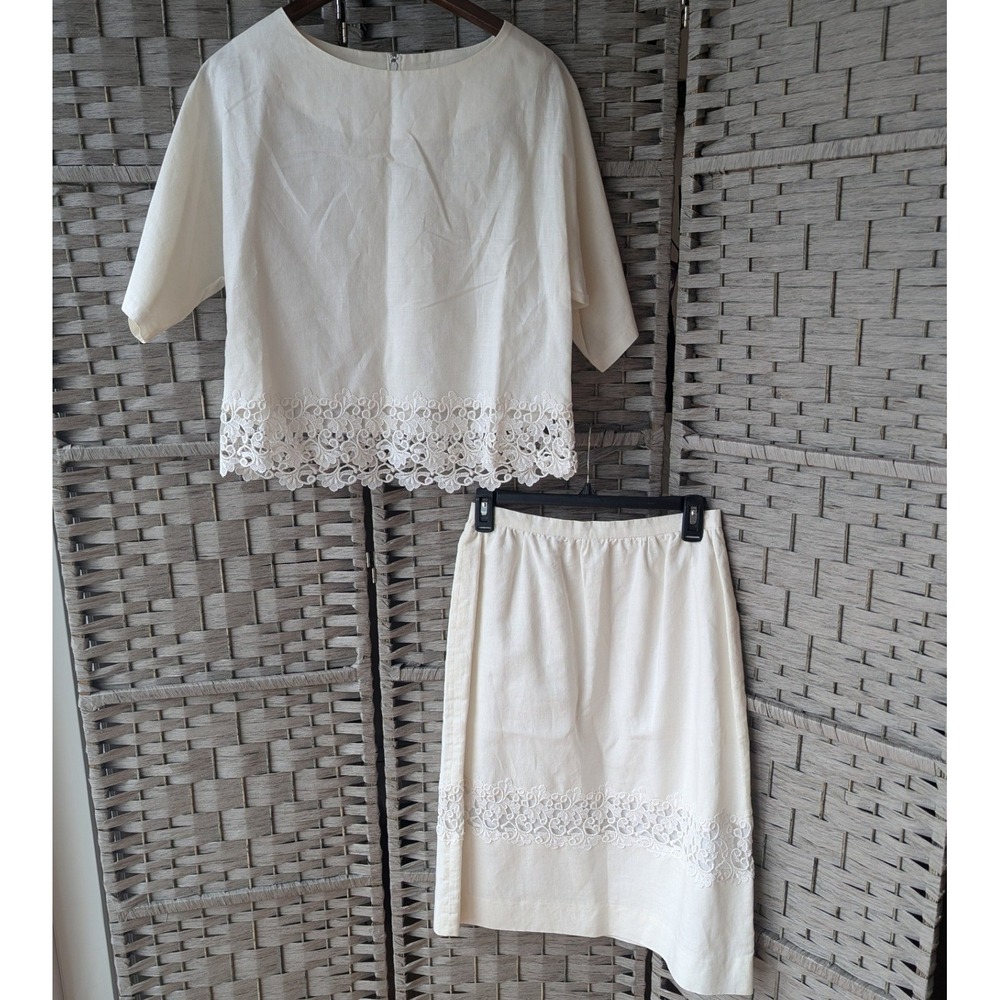 Vtg Cream White‎ Lace Two Piece Twin Set Top Midi Skirt Bridal Fits Modern Sz S